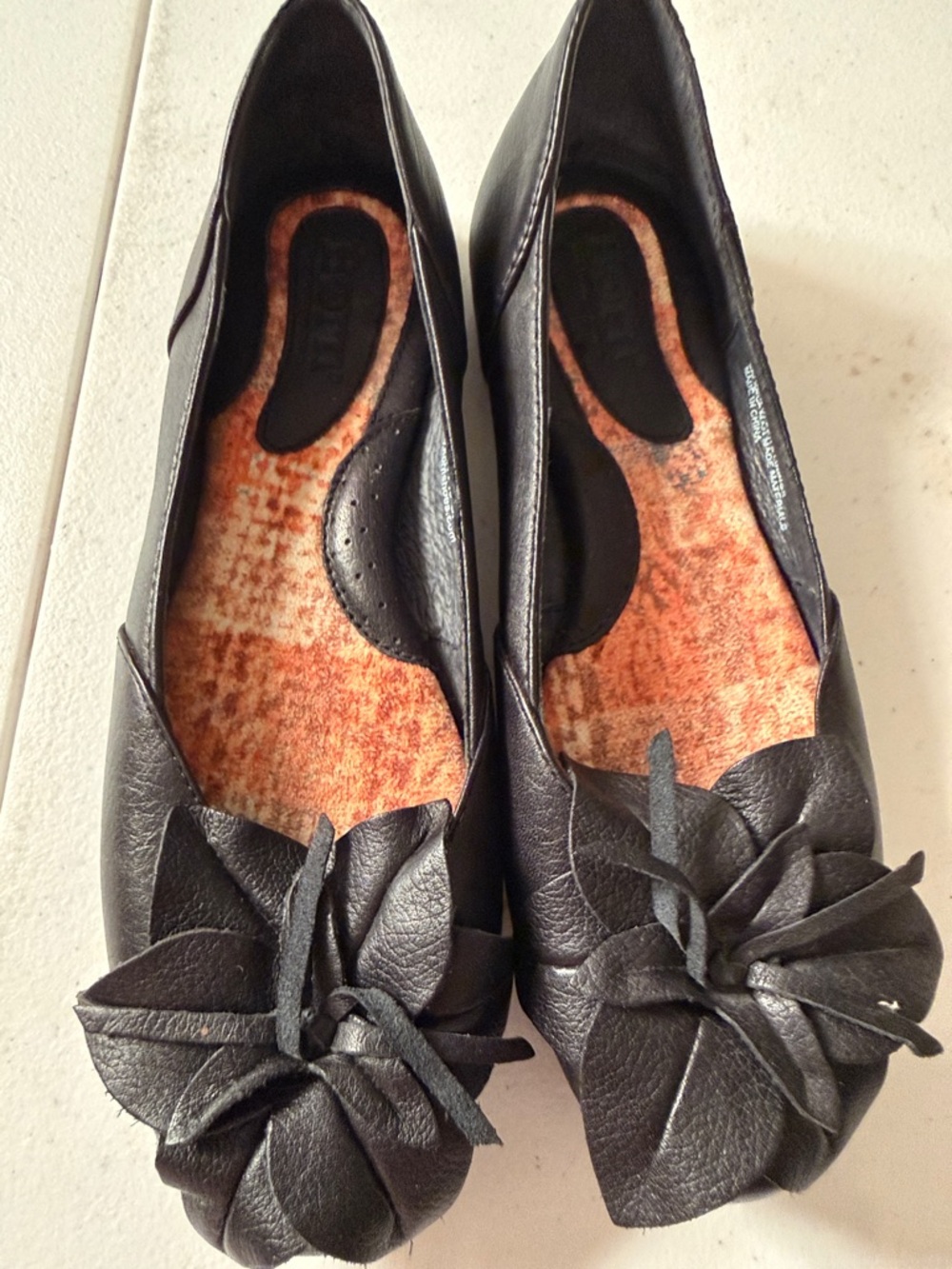 Born Black Leather Floral Rosette Ballet Flats - Women